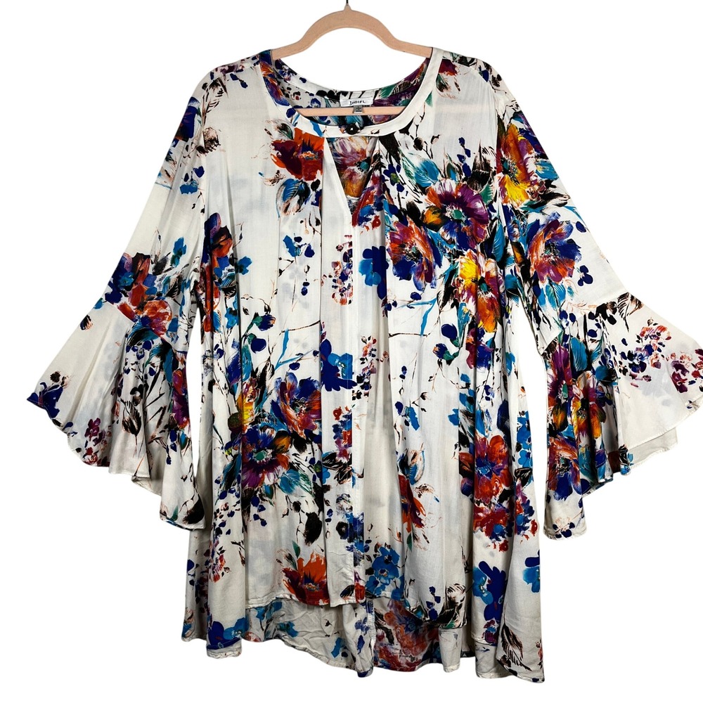 Jodifl Floral Bell Sleeve Blouse Multi Color High Low Boho Peasant Flowy Whimsy